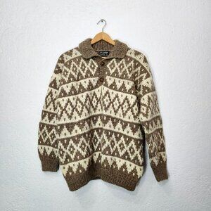 vintage Chunky Brown and cream Alpaca wool collared sweater